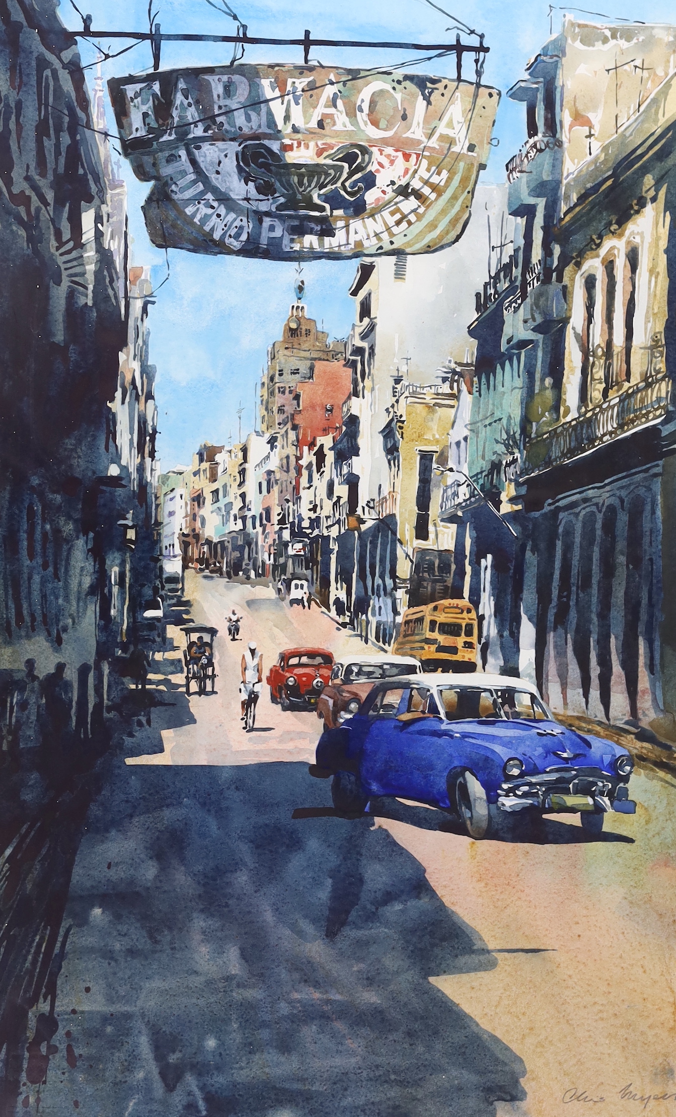 Chris Myers RBA RI (contemporary), watercolour, Cuban street scene, signed, 68 x 43cm